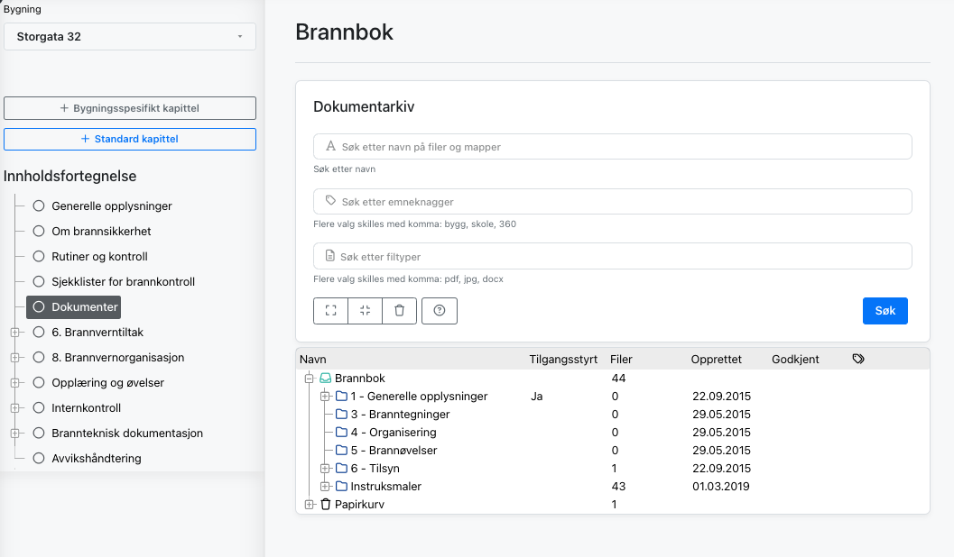 Skjermbilde fra LAFTs digitale brannbok som viser dokumentene knyttet til et byggs brannvern og dokumentasjon på utførte kontroller