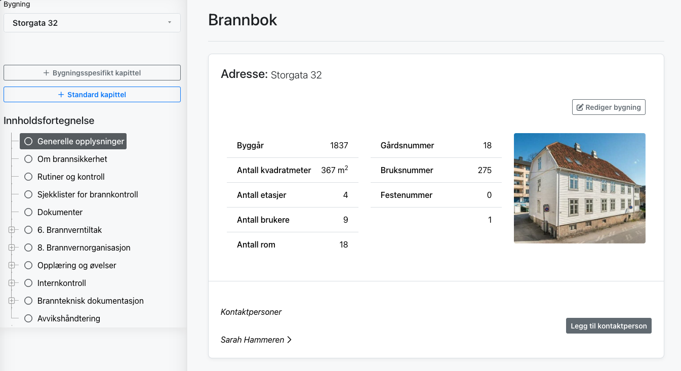 Skjermbilde fra LAFTs digitale brannbok som viser generelle brannvernsopplysninger